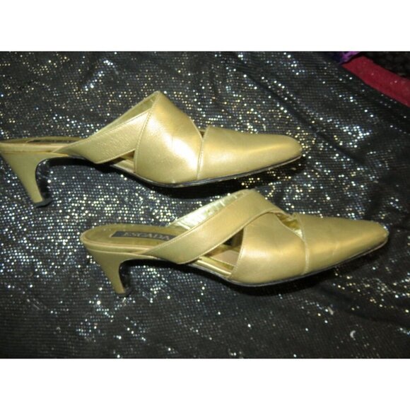 Escada Vintage Gold Satin & Leather Kitten Heeled Mules Sandals size 6 B - Picture 6 of 9